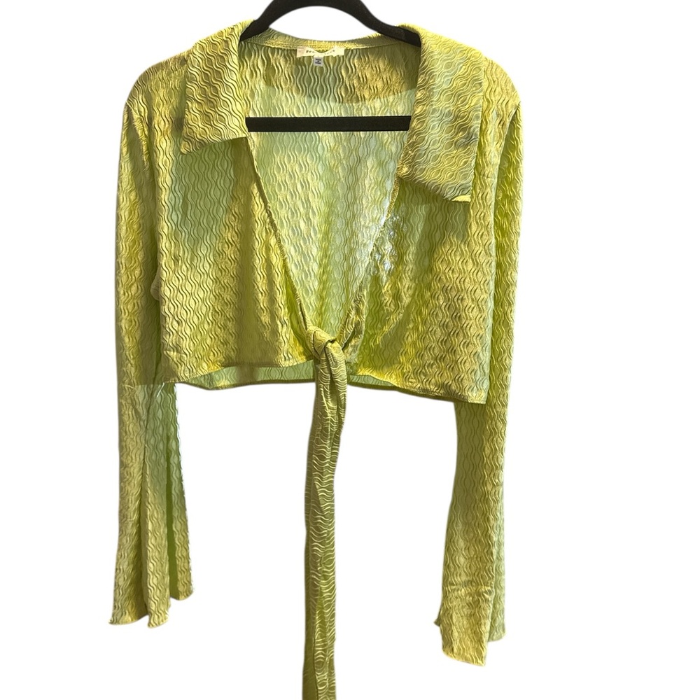 Bear Dance Lime Green Tie-Front Crop Blouse - Picture 3 of 5